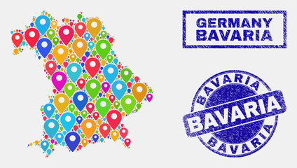 Vector bright mosaic Bavaria Land map and grunge stamp seals. Abstract Bavaria Land map is formed from randomized bright navigation positions. Seals are blue, with rectangle and rounded shapes.