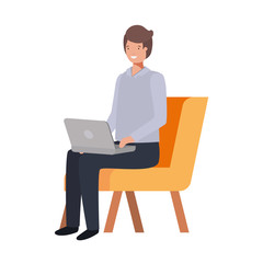 Fototapeta na wymiar man sitting in chair with laptop on white background