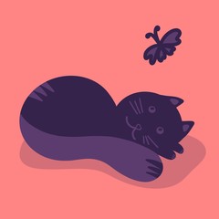Cute hand draw violet cat with butterfly on coral background. Illustration can be used as textile artworks, children books, prints, greeting cards, t shirt print, graphic icon, poster, banner.