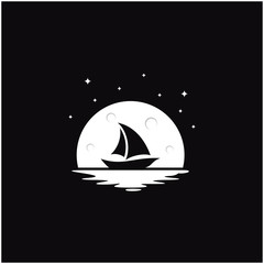 moon night sea sailboat vector logo design