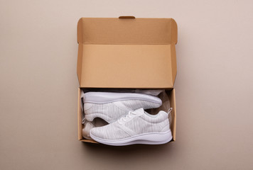 A studio shot of pair of running shoes in paper box. Flat lay.