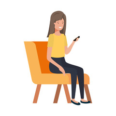 woman sitting in chair with smartphone on white background