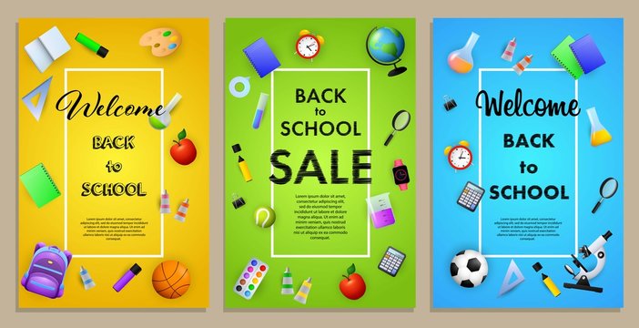 Back to school sale flyer design with backpack, globe, microscope and other supplies. Yellow, green, blue posters set. Vector illustration can be used for banners, ads, signs