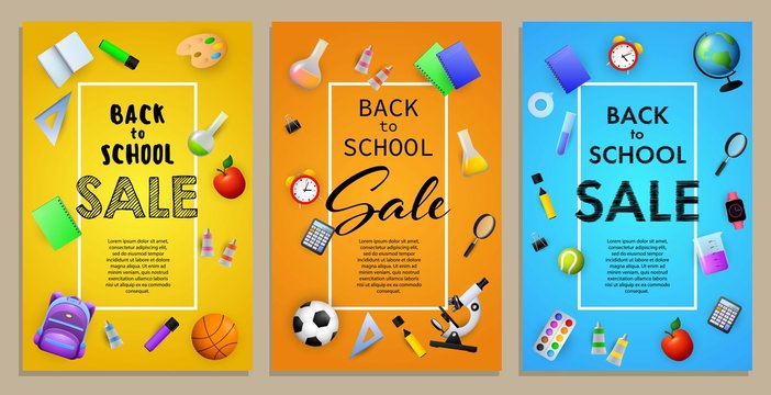 Back to school sale flyer design with chemical flasks, backpack, microscope and other supplies. Yellow, blue, orange posters set. Vector illustration can be used for banners, ads, signs