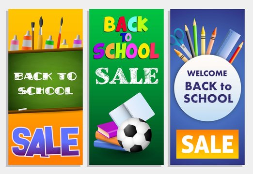 Back to school sale vertical banners set with chalkboard, books, soccer ball, pencils. Vector illustration can be used for flyers, posters, ads, signs