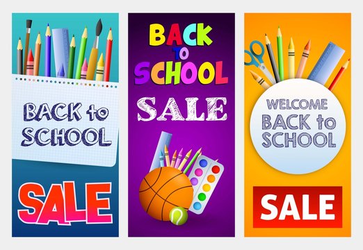 Sale flyers design with cartoon school supplies. Back to school colorful posters set with pencils, paints, scissors and basketball ball. Vector illustration can be used for banners, ads, signs