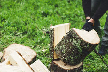 The guy is cutting an old tree in the mountains with an ax. Ukrainian Carpathian Mountains. Bonfire. Tourism. Ax