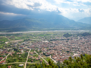 View of the red roofs of the Kalambaka town from the Meteora rocks, Greece.