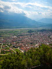 View of the red roofs of the Kalambaka town from the Meteora rocks, Greece.