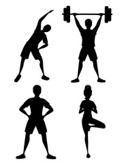 Black silhouette set of people in sportswear doing fitness and strength exercising. Cartoon character design. Flat vector illustration