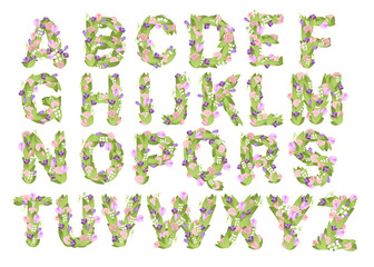 Set of etters. Cartoon flower font design. Letter with flowers and leaves. Flat vector illustration isolated on white background