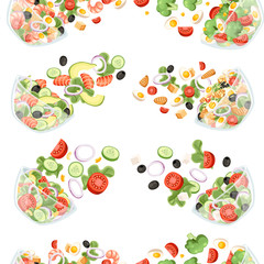 Seamless pattern of vegetables salad with different ingredients. Salad fall to transparent bowl. Fresh vegetables cartoon icon design food. Flat vector illustration on white background