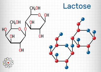 Lactose, milk sugar molecule, it is a disaccharide. Structural chemical formula and molecule model. Sheet of paper in a cage