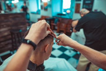 Man's haircut in barbershop .Great plan.