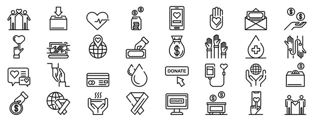 Donations icons set. Outline set of donations vector icons for web design isolated on white background