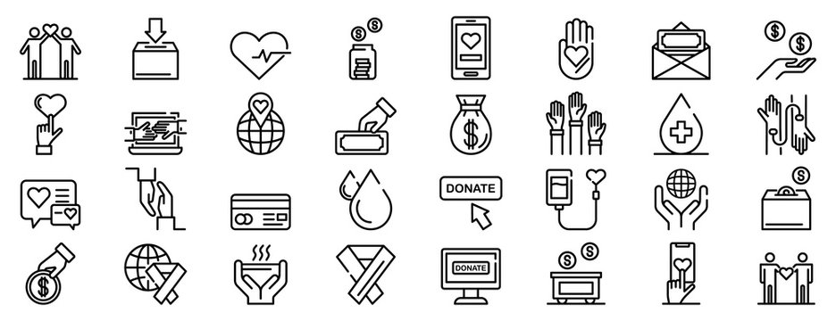 Donations icons set. Outline set of donations vector icons for web design isolated on white background