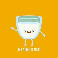 funny cartoon cute smiling milk glass character isolated on orange background. Kids food flat funky character