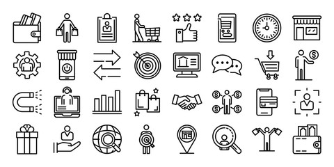Buyer icons set. Outline set of buyer vector icons for web design isolated on white background