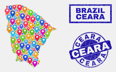 Vector colorful mosaic Ceara state map and grunge seals. Flat Ceara state map is designed from scattered colorful map pins. Stamp seals are blue, with rectangle and rounded shapes.