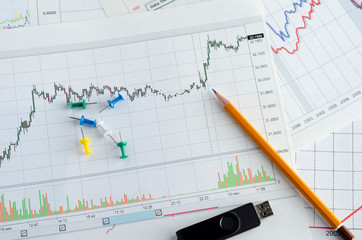 Desktop with financial documents and charts for business