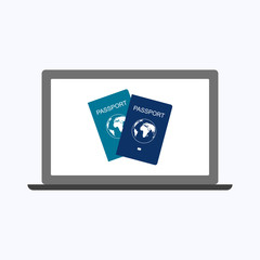 International passport with laptop, business concept vector illustration