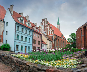 cityscape. Flowers in the square in the historic center of Riga, Latvia, near Cathedrals and Old Houses