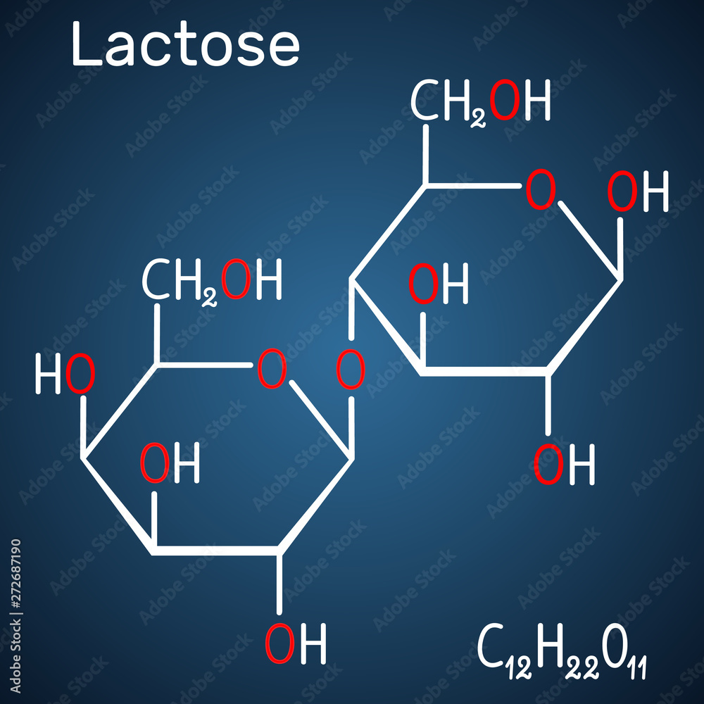 Canvas Prints Lactose, milk sugar molecule, it is a disaccharide. Structural chemical formula and molecule model on the dark blue background