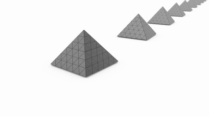 3D rendering of Golden pyramids and silver pyramid on white background and lots of shards. The idea of wealth and stability, the strength of the financial system. 3D illustration.