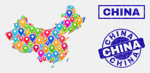 Vector bright mosaic China map and grunge watermarks. Abstract China map is formed from random bright geo locations. Stamps are blue, with rectangle and rounded shapes.