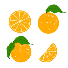 Orange fruits isolated on white background. Orange whole, slice, half cut orange.