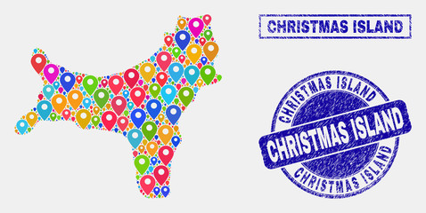 Vector bright mosaic Christmas Island map and grunge stamps. Flat Christmas Island map is created from randomized bright map symbols. Stamps are blue, with rectangle and rounded shapes.