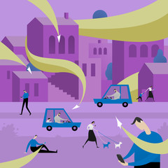 People attacked by information flows in city. Incoming mail spam problem, communication, message overdose flat illustration. Using smartphones in urban landscape or cityscape.