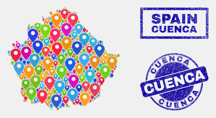 Vector bright mosaic Cuenca Province map and grunge stamp seals. Abstract Cuenca Province map is created from random bright navigation positions. Stamps are blue, with rectangle and round shapes.