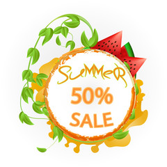 Round banner with watermelon twigs and leaves against the background of orange blot.Summer Sale Poster.EPS 10