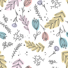 Hand drawn vector seamless pattern with flowers and branches with leaves, flowers, berries. Floral sketch collection. Decorative elements for design. Ink, vintage, rustic.