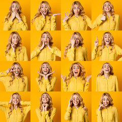 Set Of Young Girl Emotions. Blonde Woman Grimacing