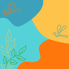 Vector creative background with butterflies and branch with leaves in line style. Space for text design templates.