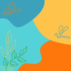 Fototapeta premium Vector creative background with butterflies and branch with leaves in line style. Space for text design templates.