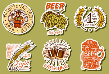 Retro Bavarian beer stickers. Alcoholic Label with calligraphic elements. Vintage American frame for poster banner. Cheers toast. Hand drawn engraved sketch lettering for web, pub menu.