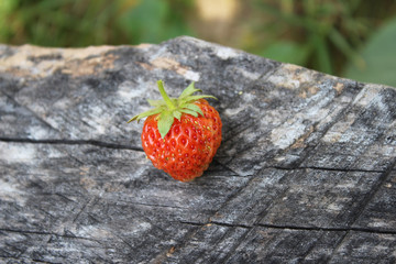 One little strawberry on the wooden old table, background