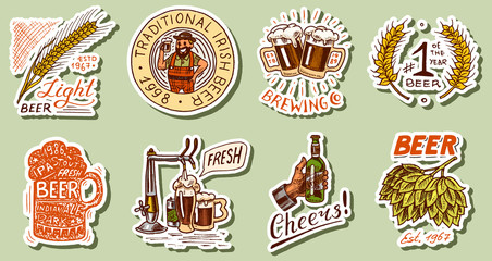 Naklejka premium Vintage beer stickers. Set of Alcoholic Label with calligraphic elements. Classic American frame for poster banner. Cheers toast. Hand drawn engraved sketch lettering for web, pub menu.