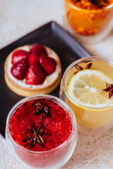 Strawberry tasty tart served with herbal teas and fruits