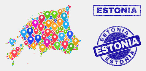 Vector bright mosaic Estonia map and grunge stamps. Abstract Estonia map is created from randomized bright navigation positions. Stamps are blue, with rectangle and rounded shapes.