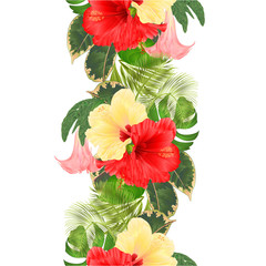 Seamless texture tropical flowers  floral arrangement, with  red and yellow hibiscus and Brugmansia  palm,philodendron  vintage vector illustration  editable hand draw