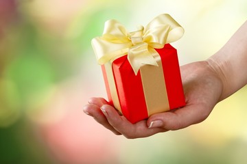 Human hand holding Little christmas box  on bokeh background