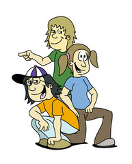 Isolated three friends, two boys and one girl, smiling kids. One of them crouched down. Vector cartoon style.