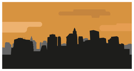 Skyline silhouette of a city with an orange sky behind. Flat style vector illustration.