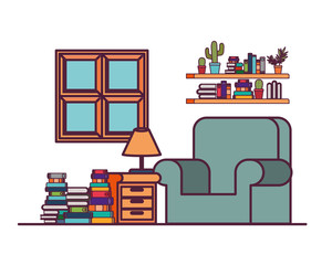 living room with couch and stack of books