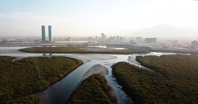 Ras al Khaimah emirate in the UAE aerial skyline view at sunrise