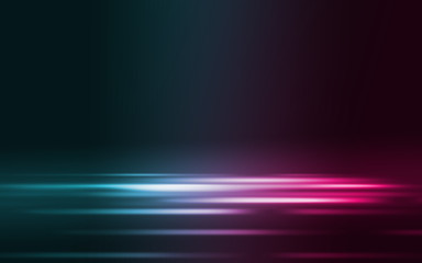 Empty background scene. Dark street reflection on wet asphalt. Rays of neon light in the dark, neon figures, smoke. Background of empty stage show. Abstract dark background.